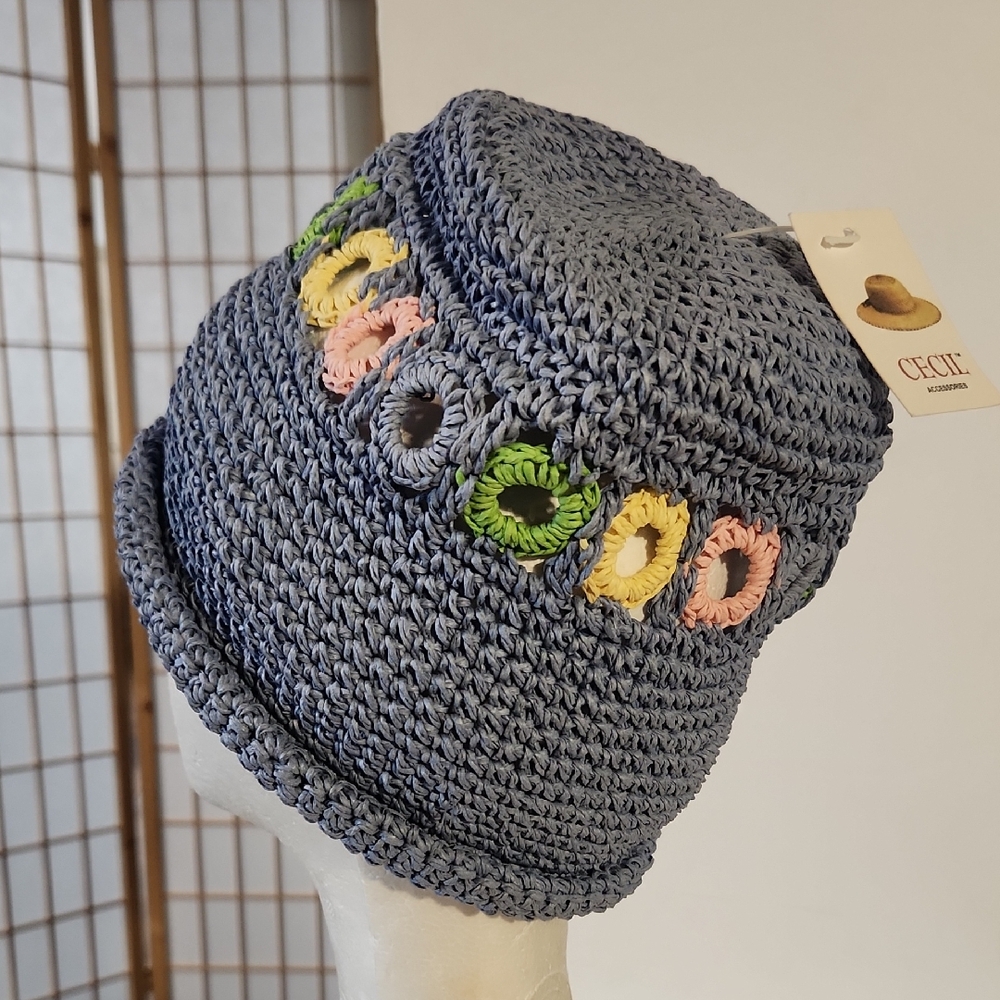 NWT Cecil Crochet Bucket Hat in Denim Blue with Pastel Ring Accents
